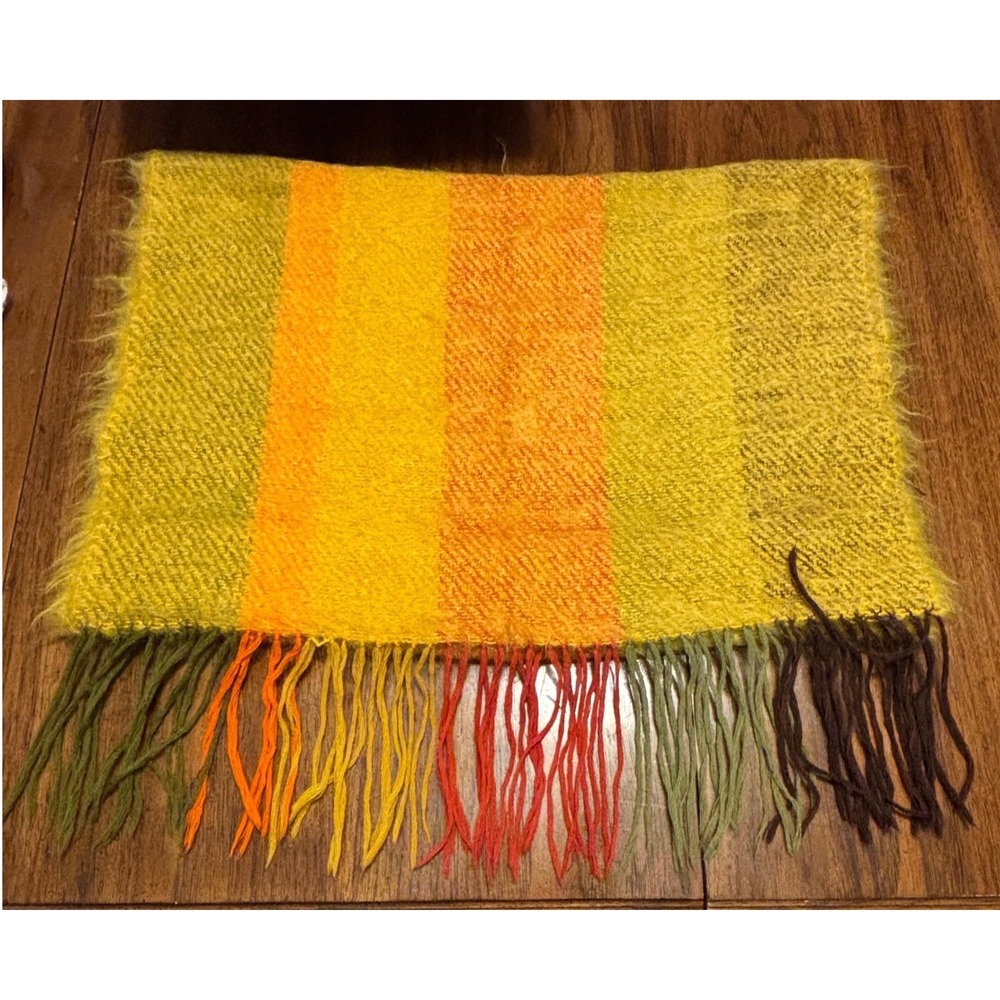 Vintage Hand Woven Farmer Scott Mohair Blend Scarf Oversized Stripe Fringe MCM